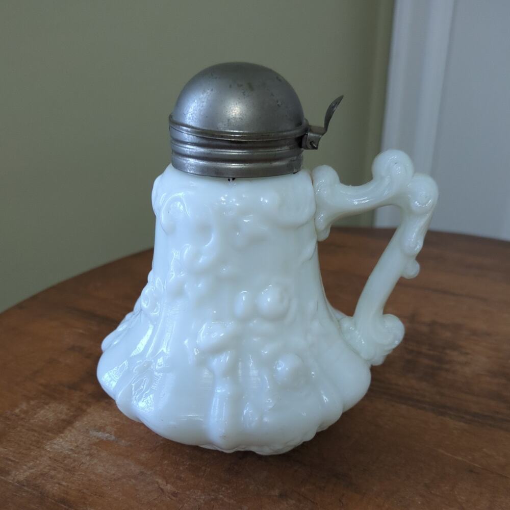 Victorian Milk Glass Syrup Pitcher Hinged Lid